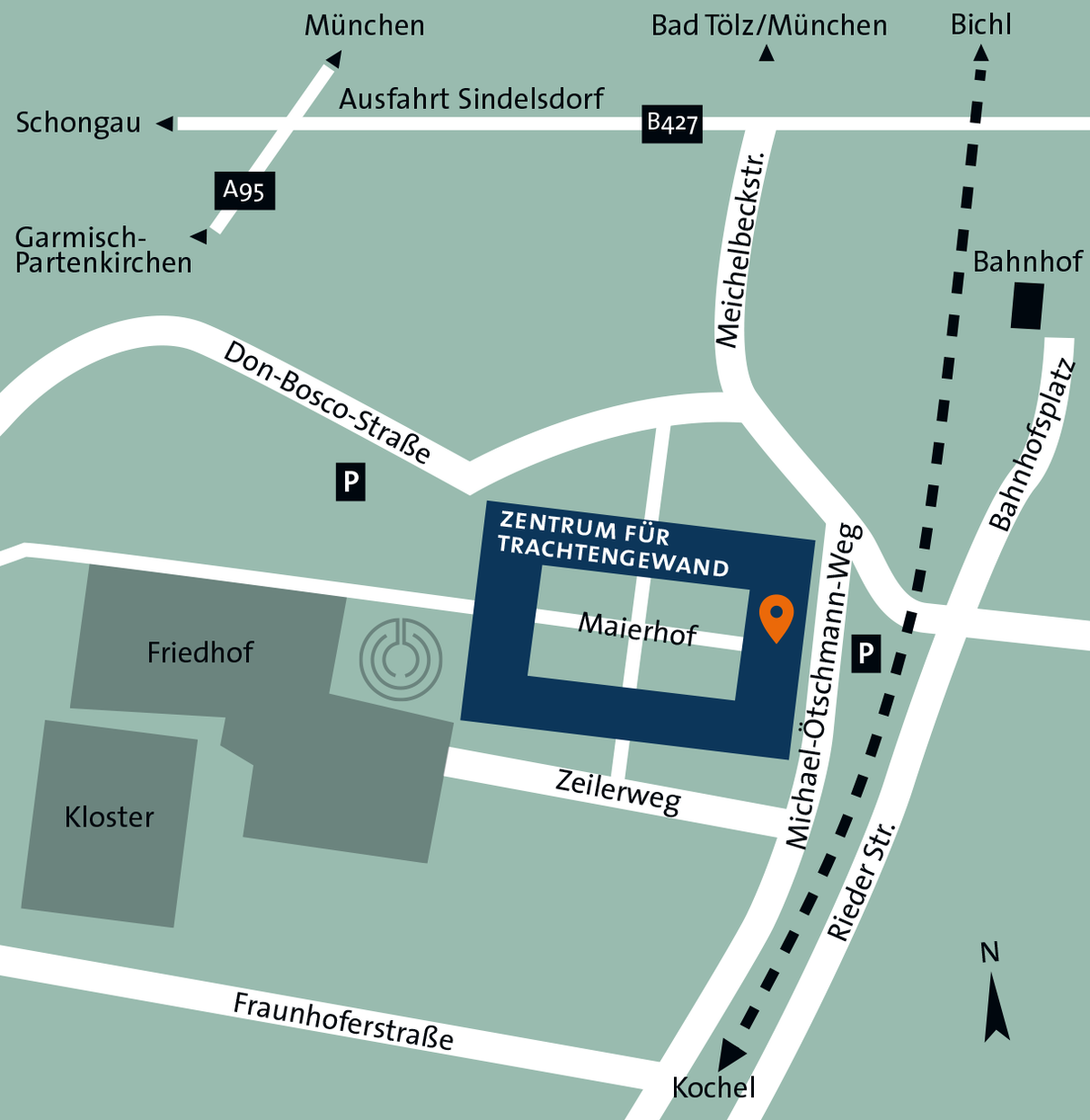 Stilisierter Kartenausschnitt vom Kloster Benediktbeuern und Umgebung mit der Lage des Zentrums für Trachtengewand im Maierhof und der Autobahnanbindung sowie dem Bahnhof