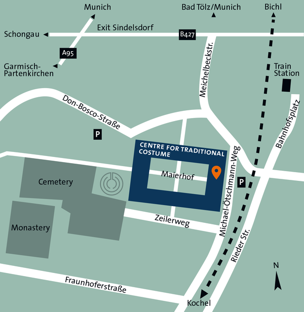 The coloured graphic shows the location and route to the Centre for Traditional Costume in Benediktbeuern.