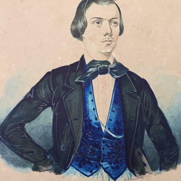The gouache drawing from 1840/45 shows the young tailor Lukas Danner dressed in a black jacket and blue waistcoat.