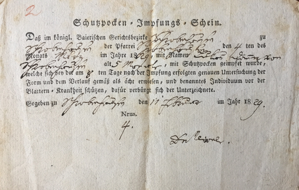 Schutzpocken-Impfungs-Schein von Lukas Danner aus dem Jahr 1829.