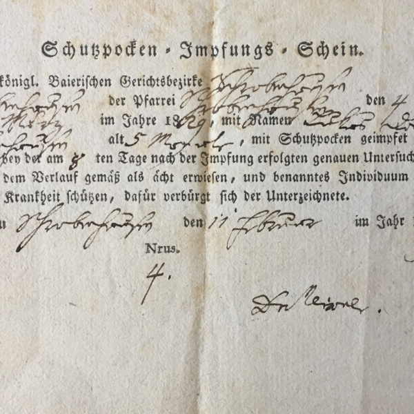 Detail of Lukas Danner's smallpox vaccination certificate, dated 1829.