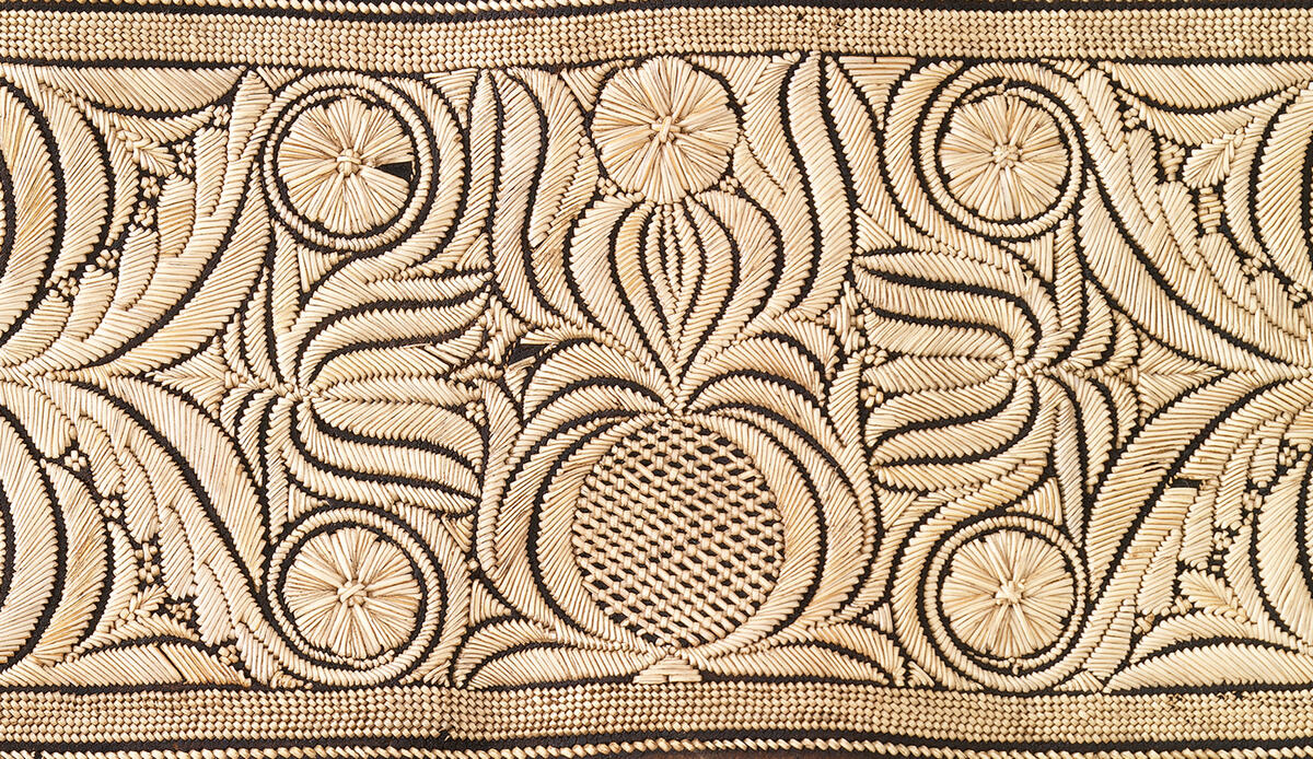 Detail of a leather belt showing a pomegranate motif in quill embroidery, Rottal, c. 1810