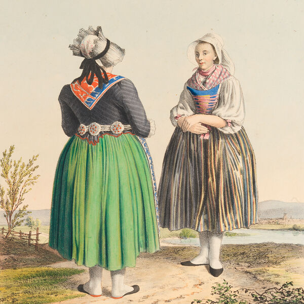 Diese farbige Lithographie um 1825 zeigt zwei Frauen aus Gotteszelt, die sich in bunter Tracht und Hauben auf einem sandigen Feldweg etwas versetzt gegenüberstehen. Die junge Bäuerin ist von vorne zu sehen, links vorne im Bild sieht man die Ehrmutter von hinten. Umgeben sind sie von einer sommerlichen Flusslandschaft.